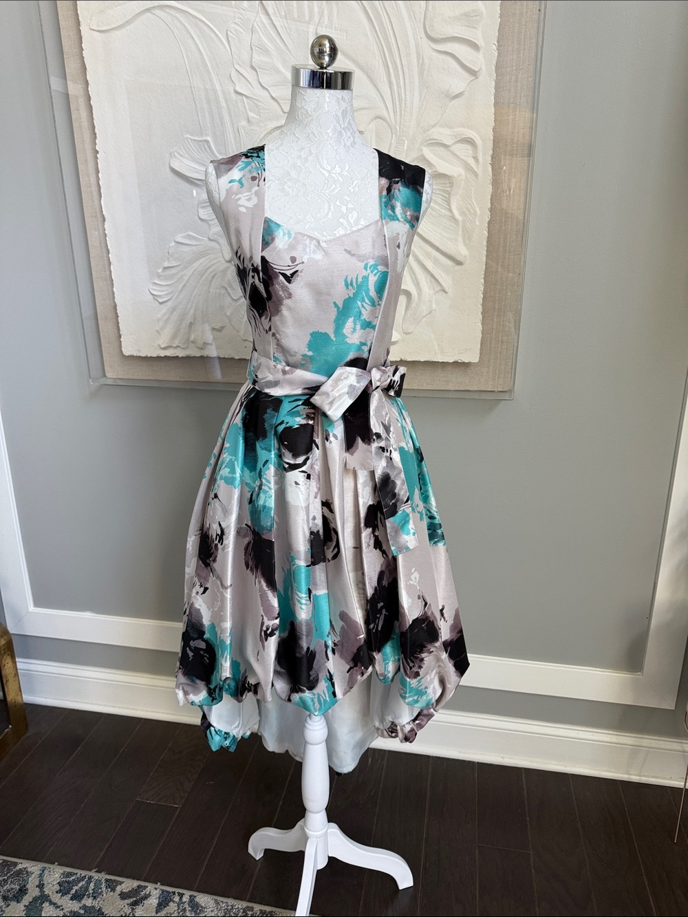 Samuel Dong Black Aqua Floral Bubble Hem High Low Midi Dress Size S Pockets